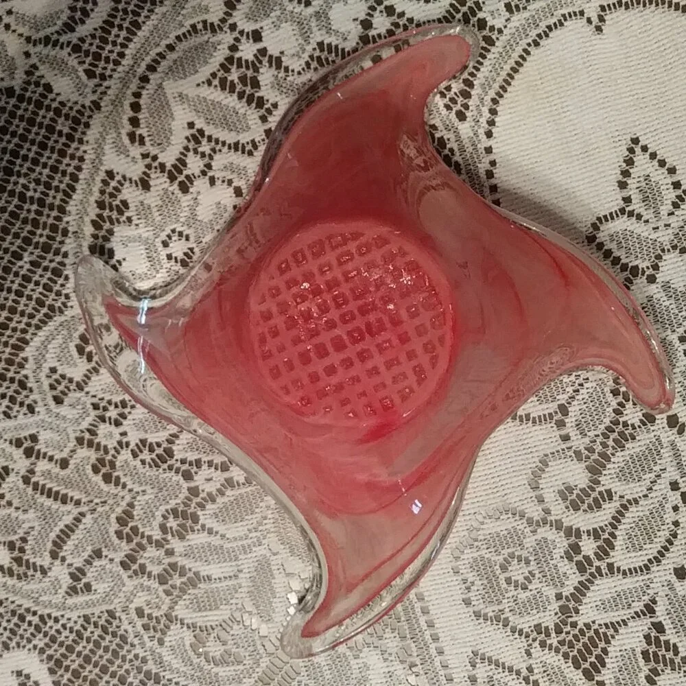 Murano-style art glass wave cranberry/pink bowl with a waffle bottom
